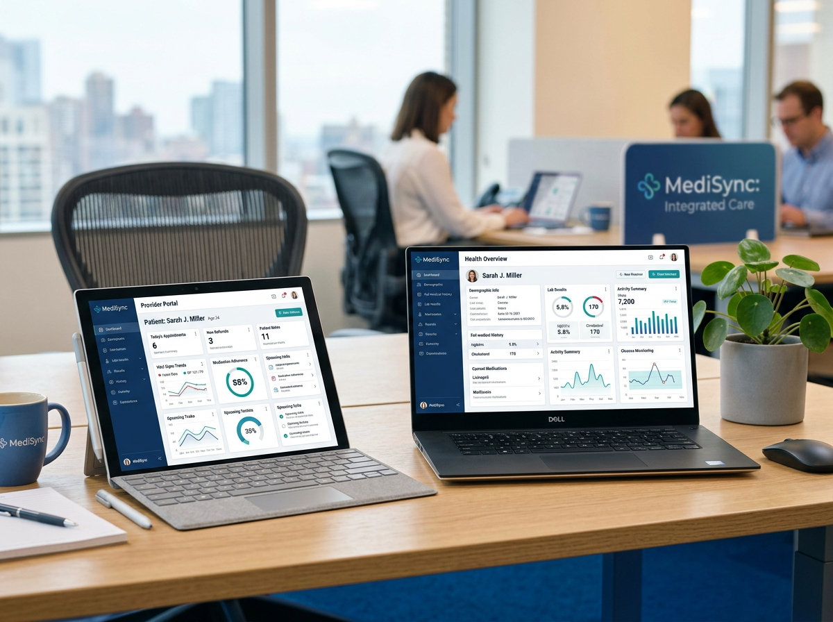 Digital health platform dashboards on tablet and laptop