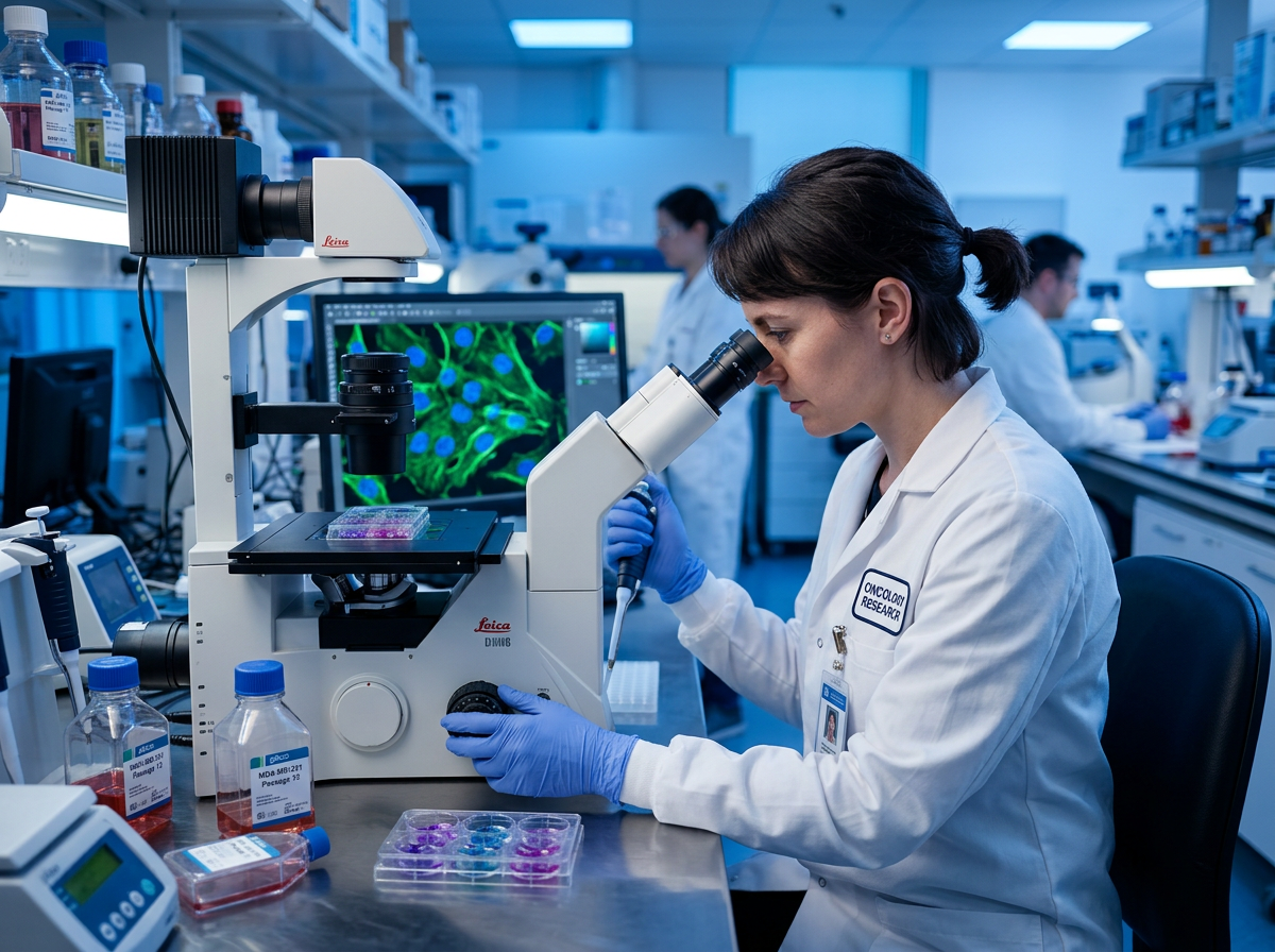 Oncology research scientist analyzing cell cultures