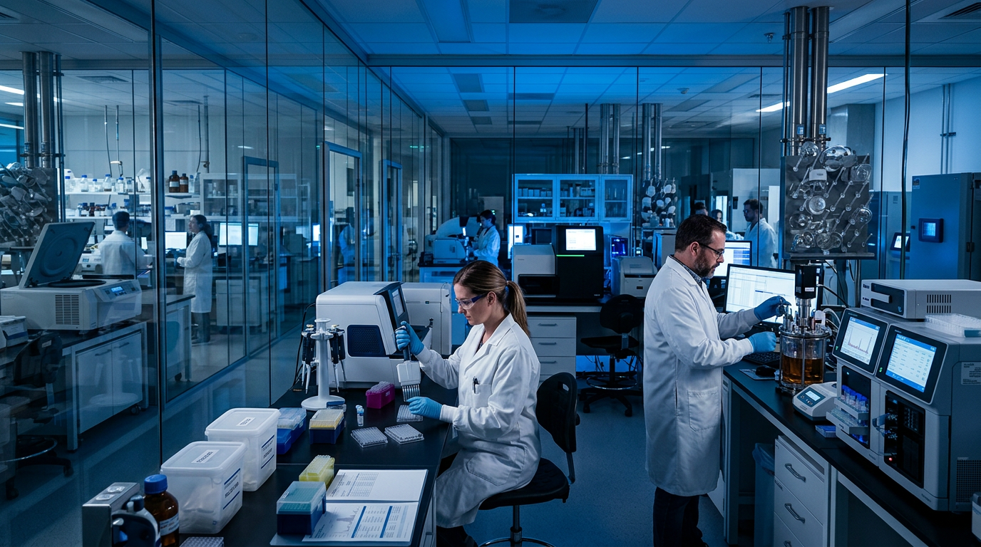 Biotech laboratory with scientists conducting advanced life-sciences research